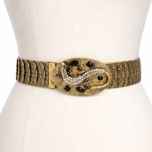 Ornate Gold-Tone Lizard Buckle Filigree Stretch Belt Rhinestone Y2K